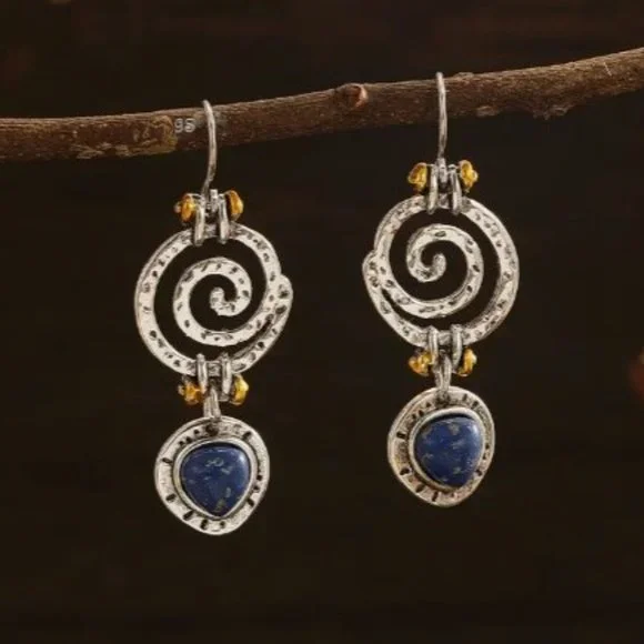 ⛔️SOLD⛔️ Natural Blue Lapis Lazuli Boho Handcrafted Silver Dangling Earrings NWT - Picture 10 of 12